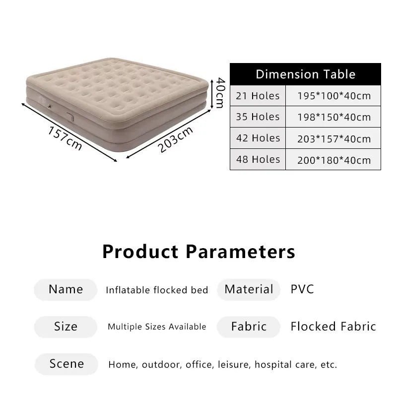 Inflatable High Bed with 42 Soft-Filled Holes & Built-in Pump, Plug-and-Use, Suitable for Indoor & Outdoor