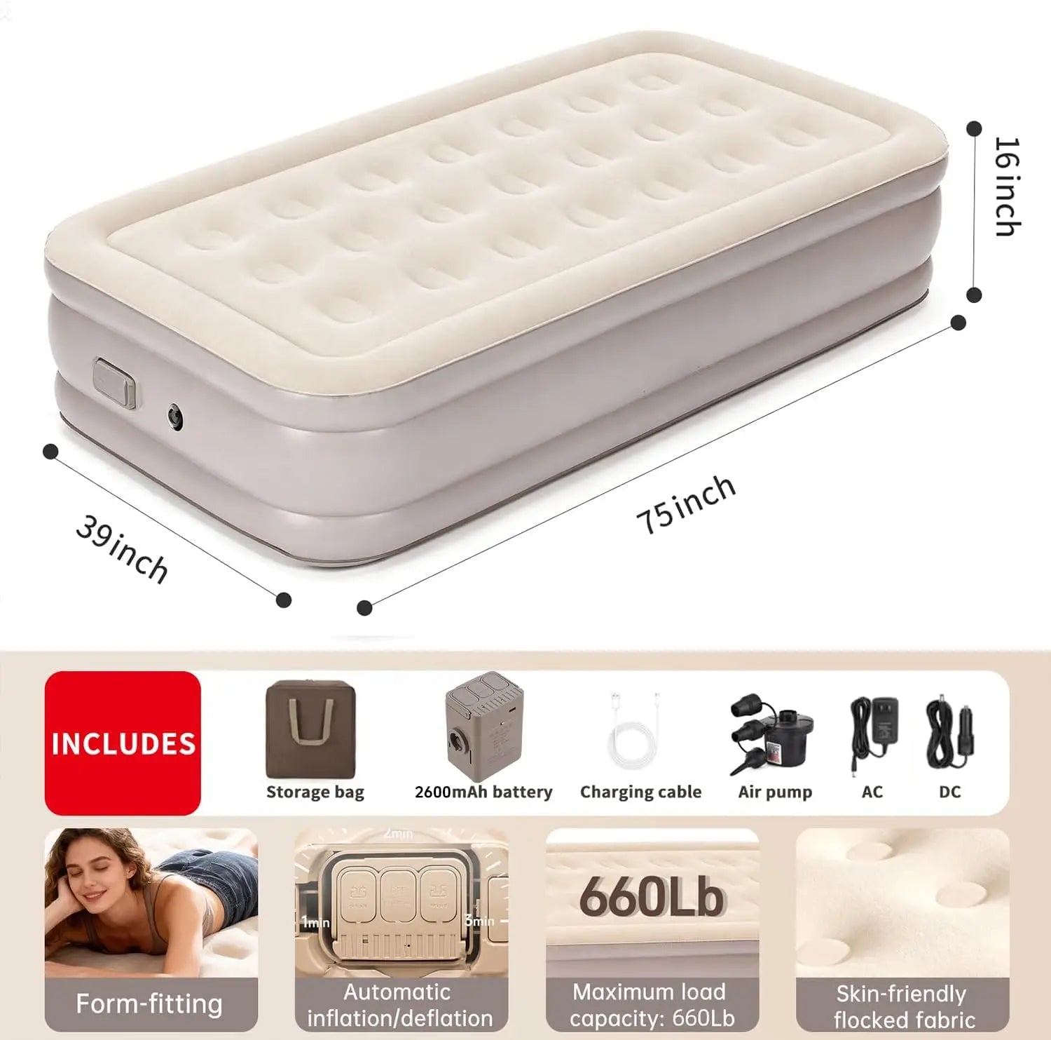 Foldable Modern Outdoor Indoor Portable PVC Flocking Air Bed Mattress with Built-in Pump